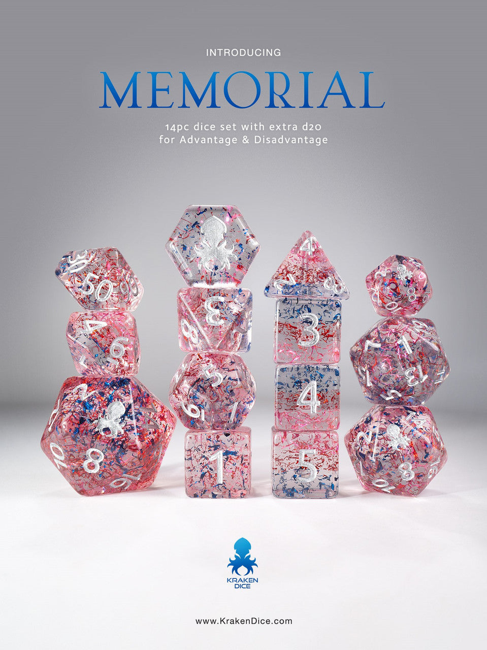 Memorial 14pc Silver Ink Limited Edition Dice Set  for TTRPGs